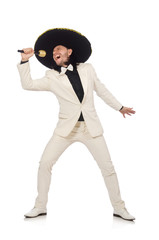 Funny mexican in suit holding maracas isolated on white