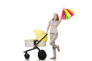 Woman with pram isolated on white