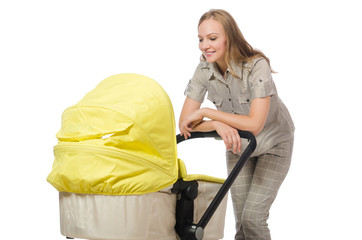 Woman with pram isolated on white
