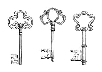 Old antique keys in sketch style