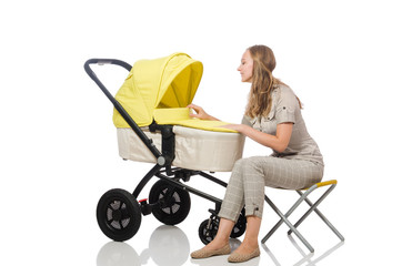Woman with pram isolated on white