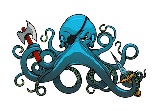 Cartoon octopus pirate with axe and sword
