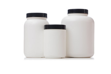 Jars with food additive protein isolated on white