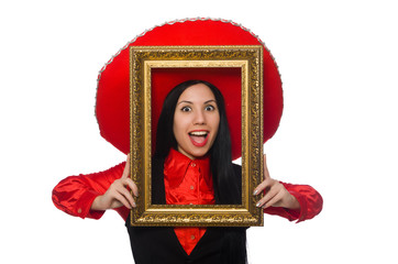 Fototapeta premium Mexican woman with picture frame on white