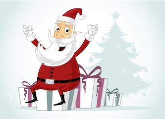 Happy Santa Claus sitting on Christmas presents/gift vector cartoon illustration