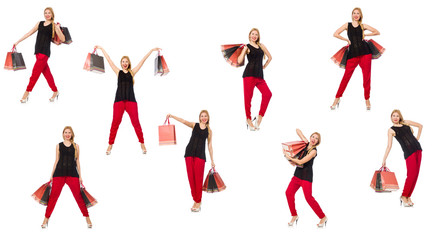 Set of woman with shopping bags on white