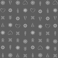 winter christmas pattern background with tree, flake, heart, can