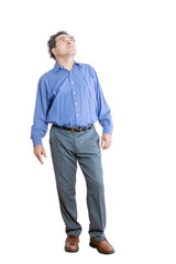 Fototapeta premium Pensive Office Man Looking Up High Against White