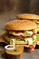 Homemade burger with beef.