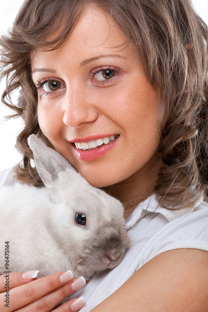 Sticker young woman kissing rabbit