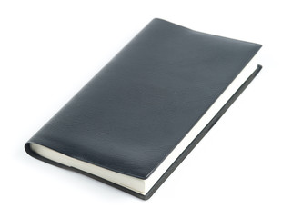 Black leather notebook on white background