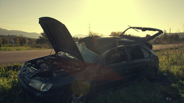 Car wreck,crashed on the side of country road