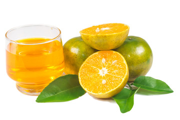 Orange juice and slices of orange isolated on white
