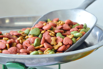 dog food in iron scoop on weighing scale