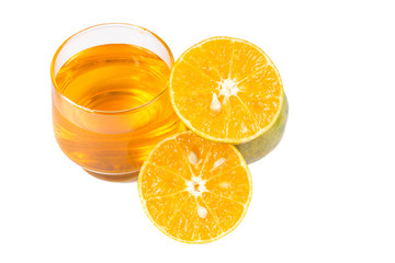 Orange juice and slices of orange isolated on white
