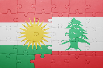 puzzle with the national flag of lebanon and kurdistan