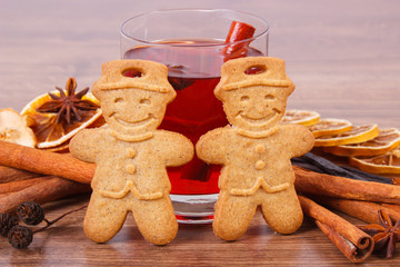 Gingerbread or Christmas cookies, glass of mulled wine and spices