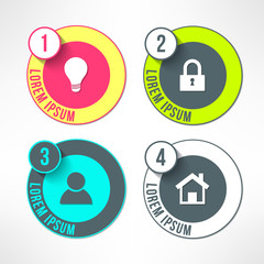 Vector bright infographic circles set in modern flat design suitable for business presentations and reports. Four steps process with long shadows