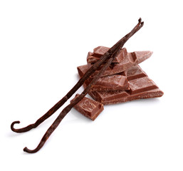 Pieces of chocolate with vanilla pods.