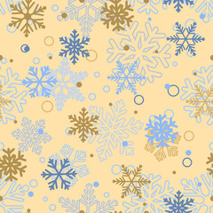 Seamless pattern of snowflakes, multicolored on beige