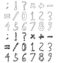Hand Drawn Child Numbers and Basic Math Signs Filled contour set, Vector Illustration