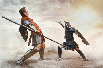 Ancient Greek warrior fighting in the combat - obrazy, fototapety, plakaty