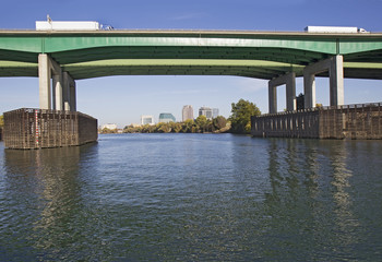 Fototapeta na wymiar Pioneer Memorial Bridge and downtown Sacramento in far backgroun