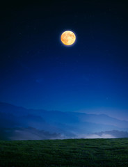 Fototapeta na wymiar meadow with grass on a mountain top near forest at night in full moon light