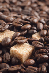 Cane sugar pieces covered by roasted coffee beans
