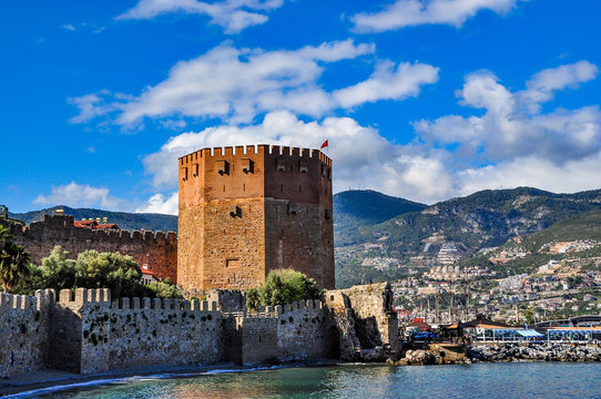 Red tower in Alanya on a beautiful day