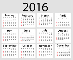 Vector illustration of a modern and simple calendar 2016