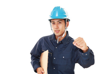 ガッツポーズの労働者