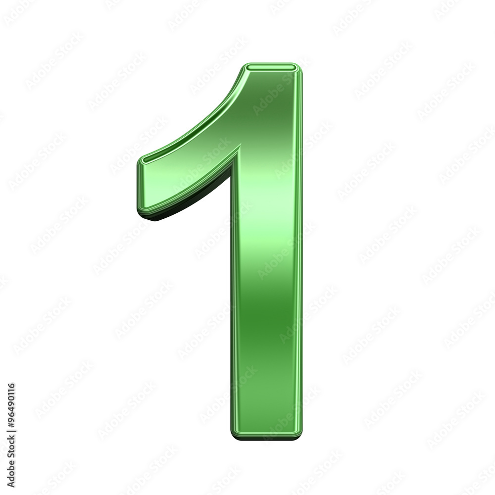 Fototapete One digit from shiny green alphabet set, isolated on white. Computer generated 3D photo rendering.