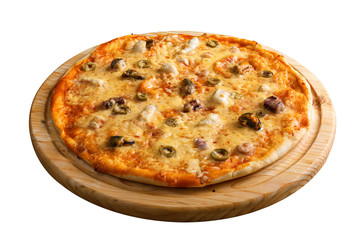 Seafood pizza. With shrimps, mussels and olives