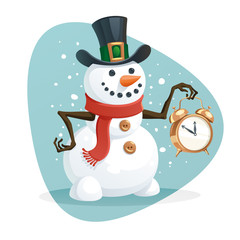 Snowman holding a alarm clock