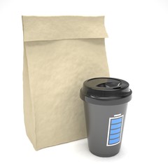 Coffee to go and lunch bag, on white.