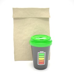 Coffee to go and lunch bag, on white.