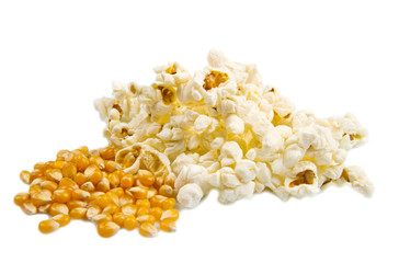 Pop Corn and kernels isolated on white background