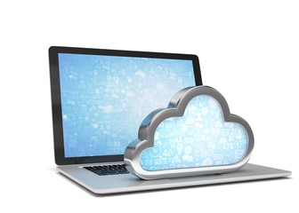 Laptop with cloud computing symbol on keyboard. 3d render