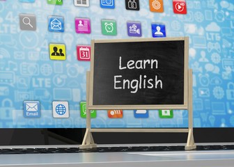  Laptop with chalkboard, learn english, online education concept