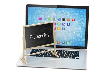  Laptop with chalkboard, e-learning, online education concept