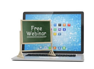 Laptop with chalkboard, free webinar, online education concept