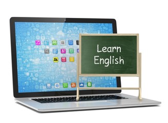  Laptop with chalkboard, learn english, online education concept