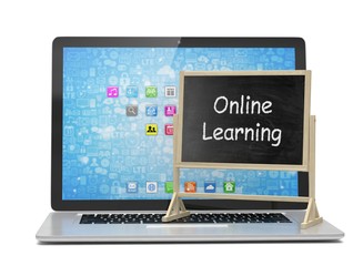  Laptop with chalkboard, online education concept