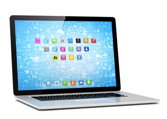 3d rendering of a laptop with blue wallpaper with app icon