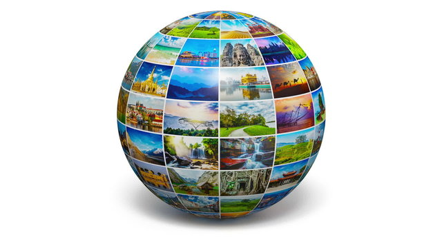 Global travel media world globe concept - rotating picture sphere with travel images isolated on white with soft shadow