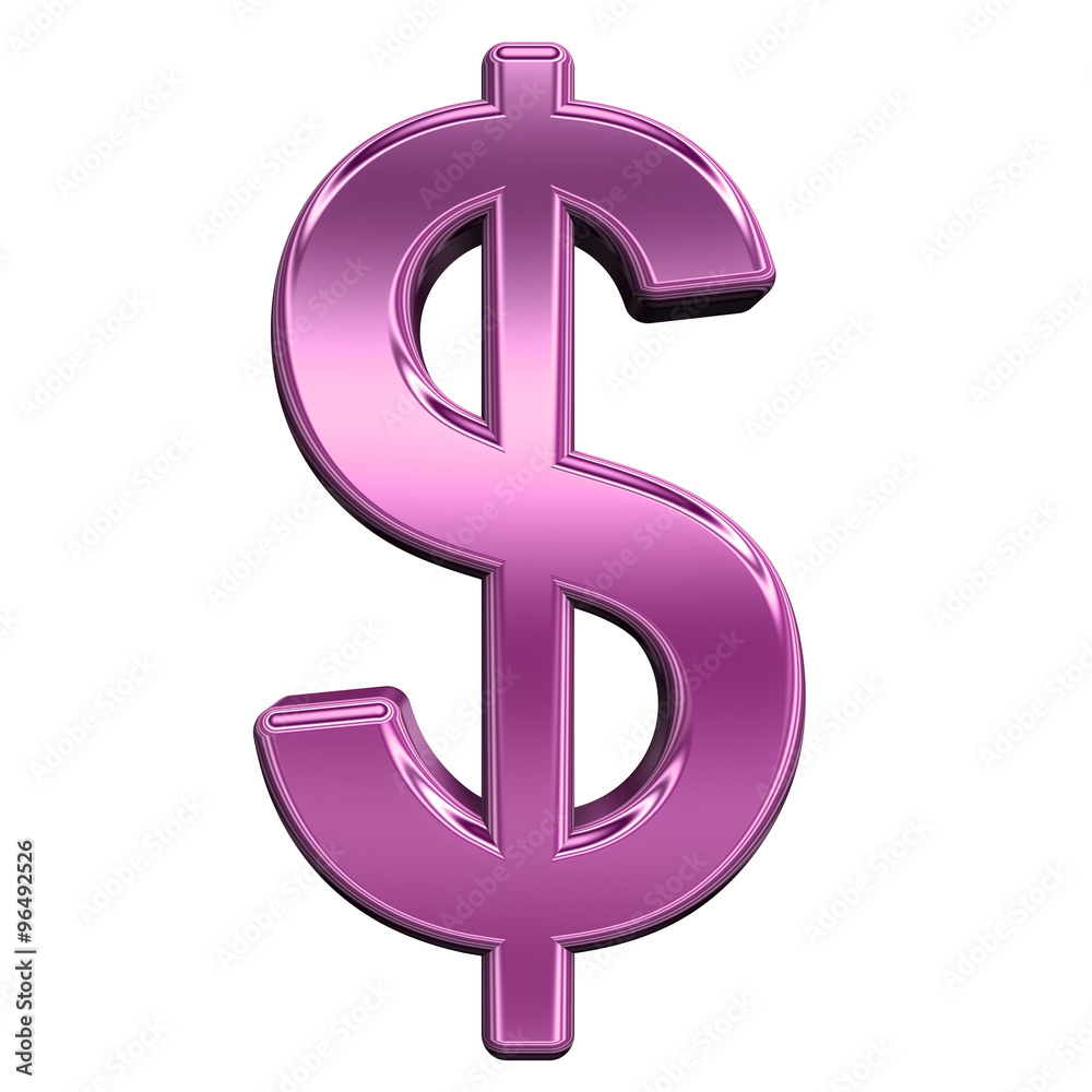 Fototapete dollar sign from shiny pink alphabet set, isolated on white. computer generated 3d photo rendering.