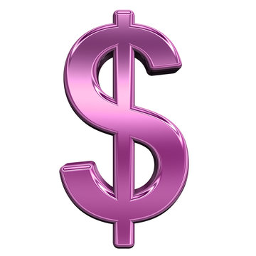 Dollar sign from shiny pink alphabet set, isolated on white. Computer generated 3D photo rendering.