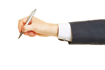 Hand vom Gesch&auml;ftsmann schreibt mit Kuli