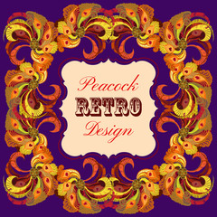 Golden and orange frame with painted peacock feathers Retro label.